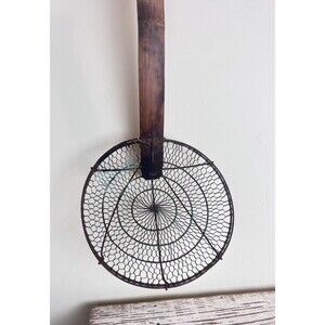 Large Vintage Rustic Bamboo Handle Brass Wire Mesh Strainer Skimmer 19” JAPAN